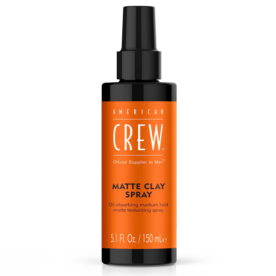 American Crew bottle front view showing matte spray packaging and product benefit