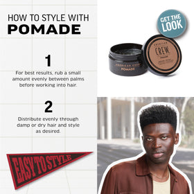American Crew pomade in hands being applied for controlled styling and shiny finish