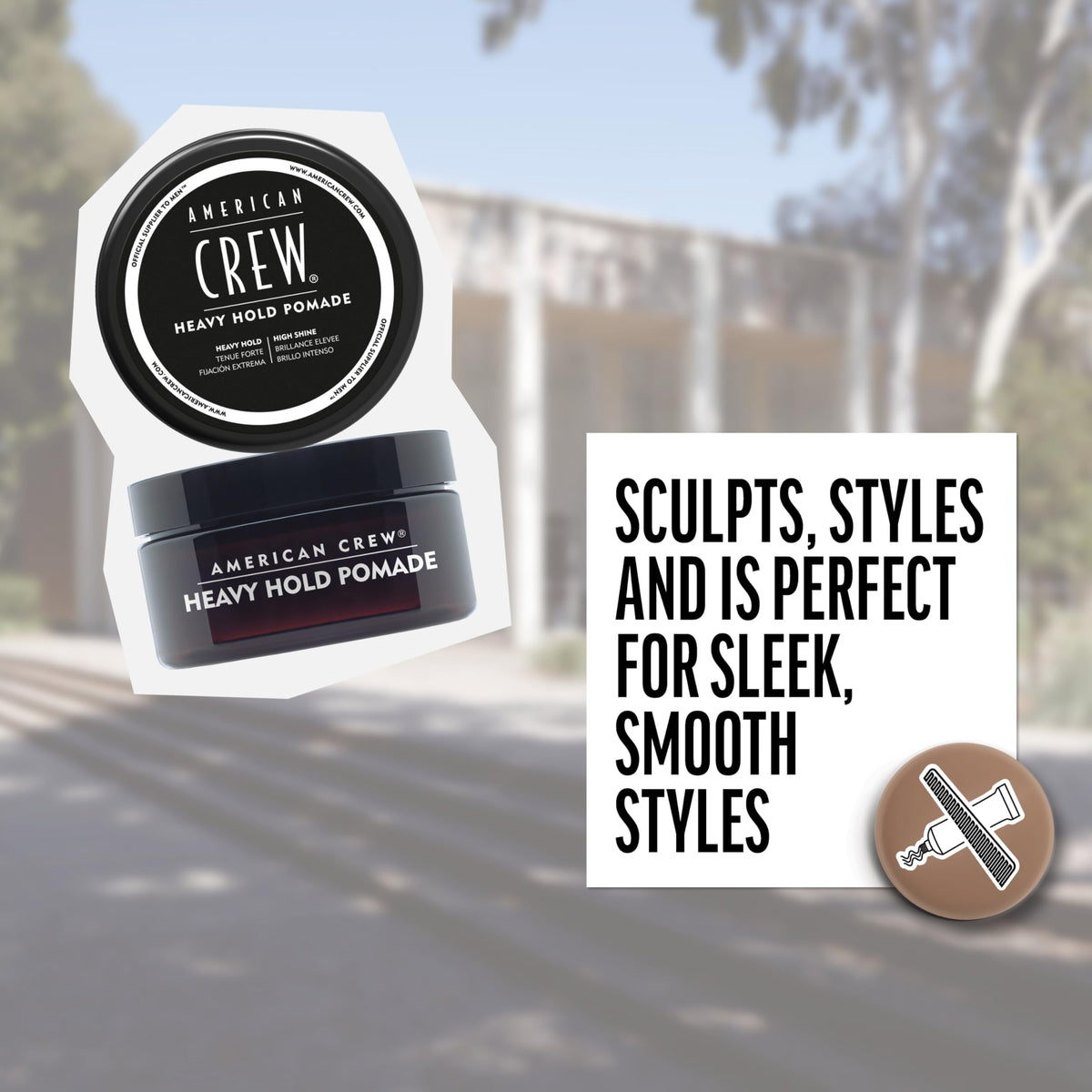American Crew pomade before and after on hair showing defined, high-shine finish