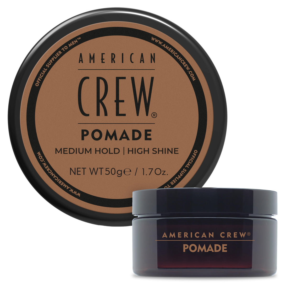 American Crew pomade front jar showing compact travel packaging and brand clarity