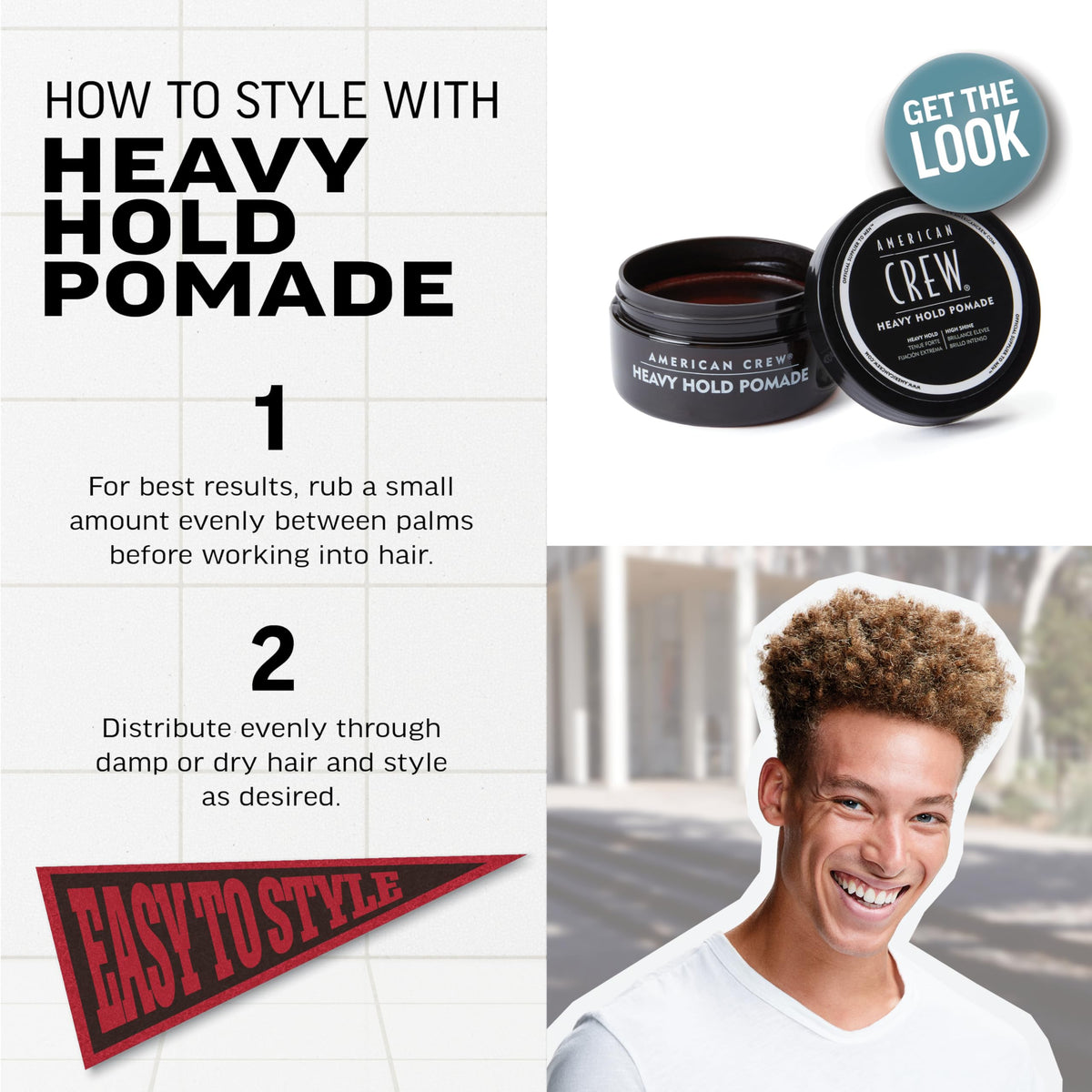 American Crew pomade used to create a slick-back hairstyle with strong hold