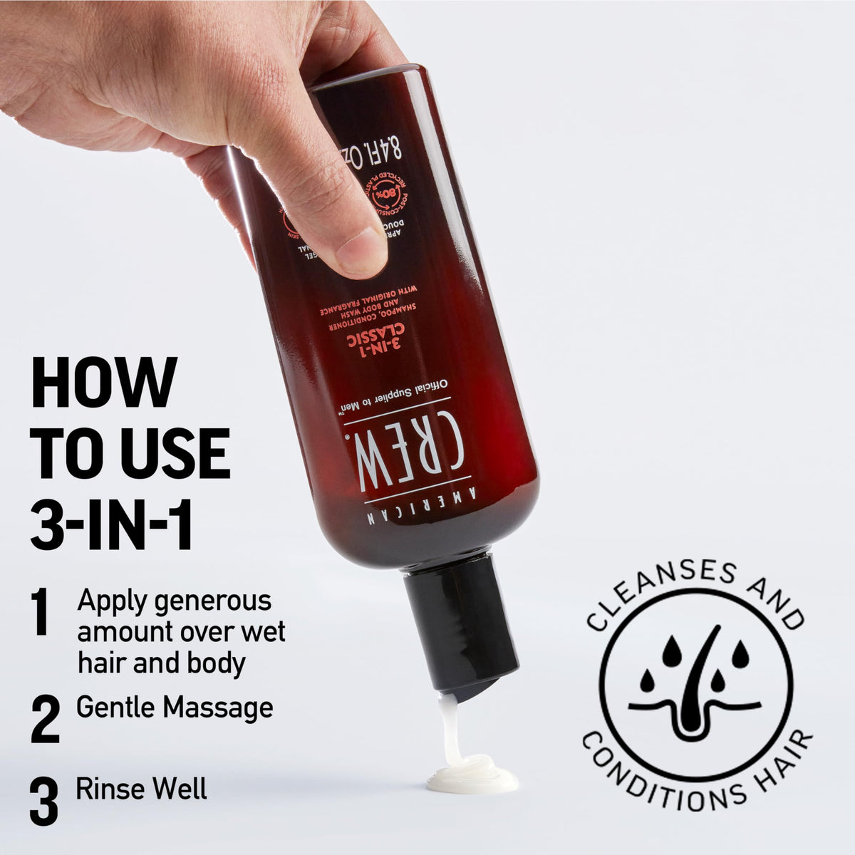 American Crew bottle held in hand for scale to show compact 15.2 fl oz size ideal for travel