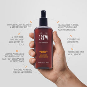 American Crew close-up of gel mist texture highlighting flexible hold benefit