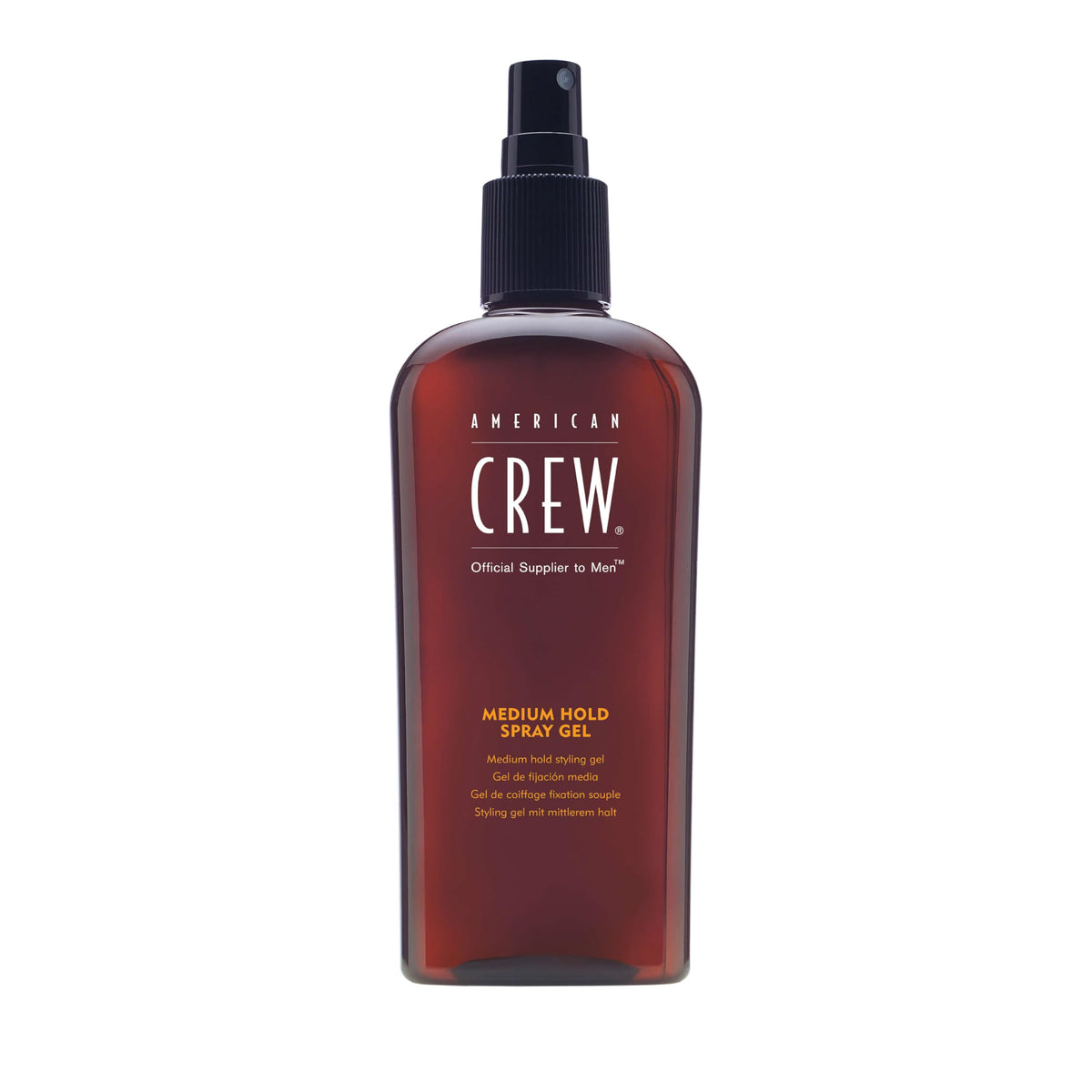 American Crew front bottle image showing medium hold spray gel benefits