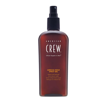 American Crew front bottle image showing medium hold spray gel benefits