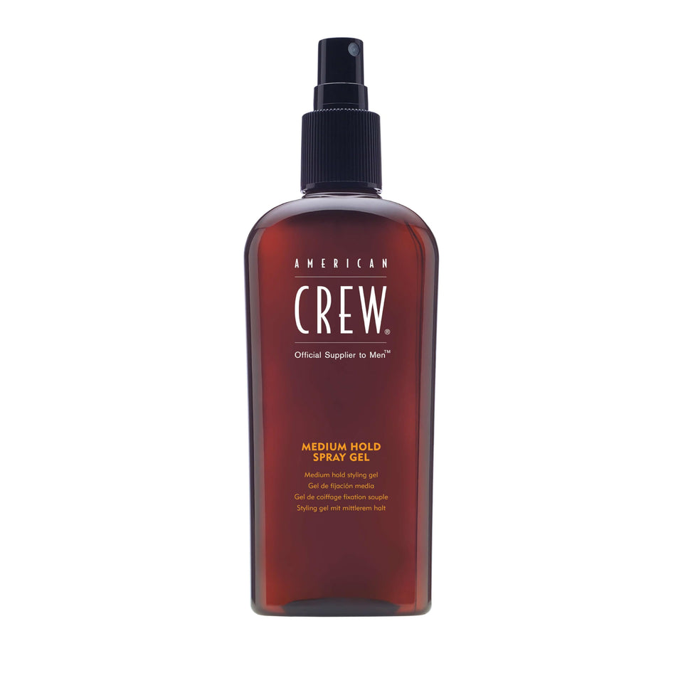 American Crew front bottle image showing medium hold spray gel benefits