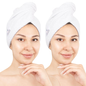 American Soft Linen front packaging showing two white cotton turbans for quick drying