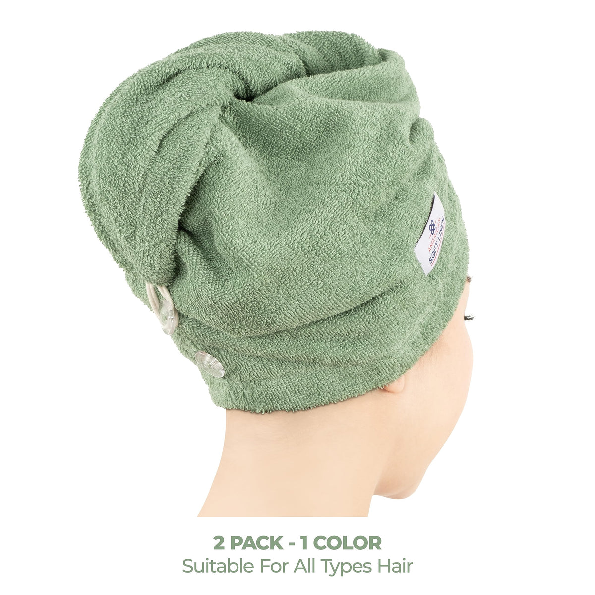 American Soft Linen turban worn by model in bathroom showing secure hands-free drying
