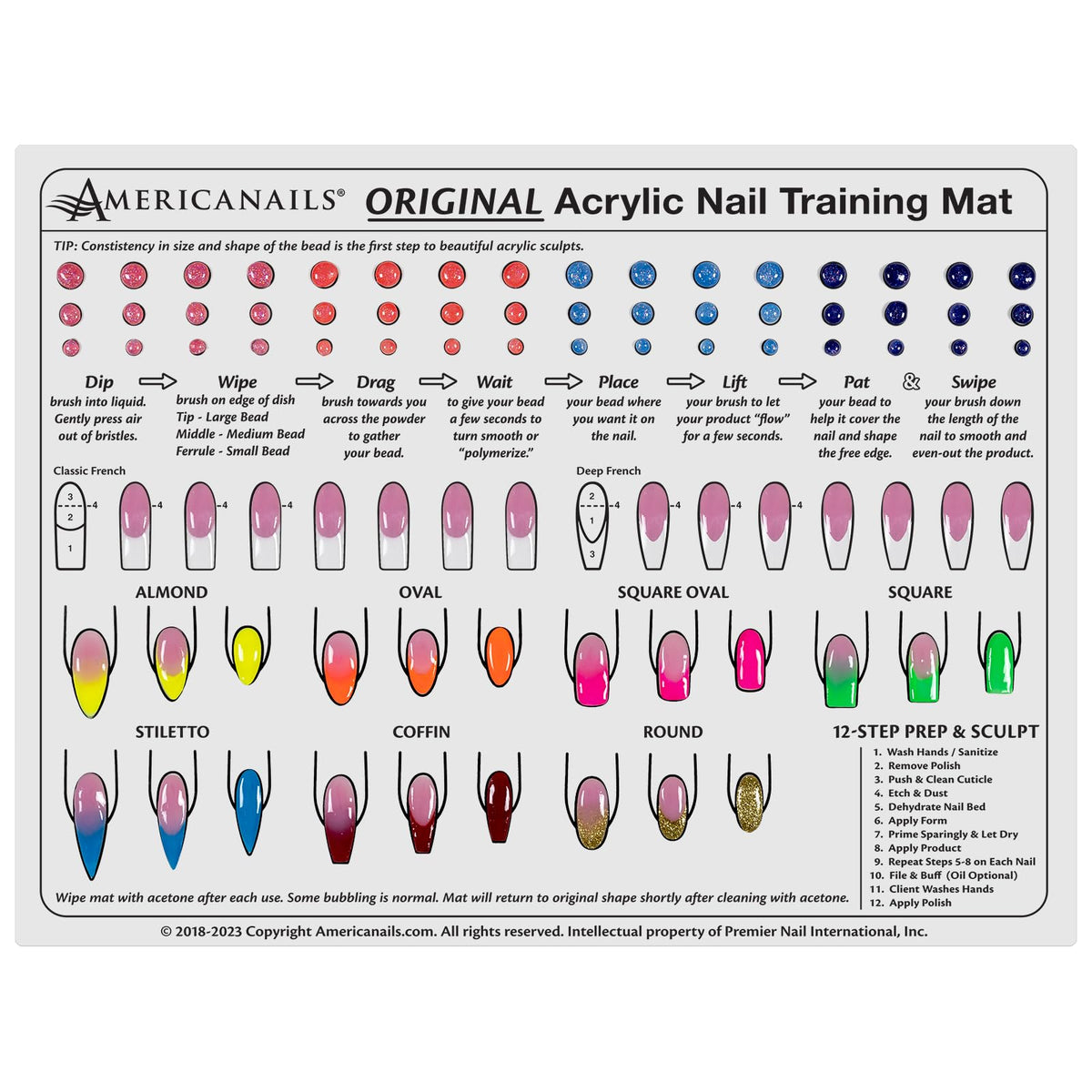 AMERICANAILS front view of silicone training mat showing printed nail templates and workspace benefit