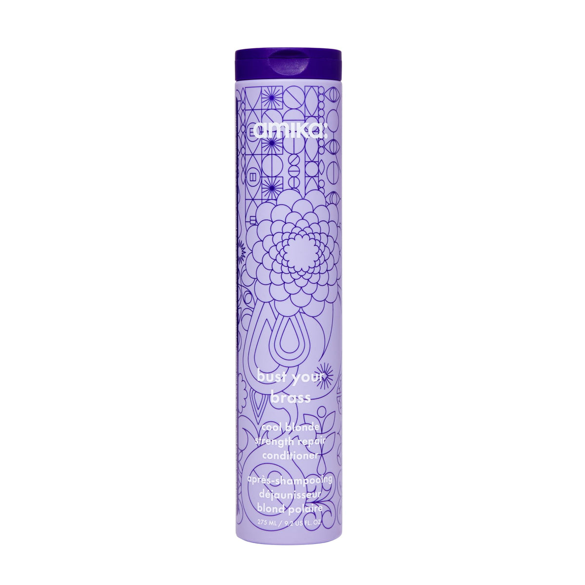 Amika front packaging of Bust Your Brass conditioner showing bottle for easy identification and benefit