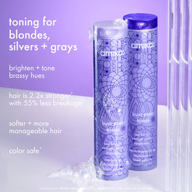 Amika shampoo lathered in palm showing gentle cleansing and violet pigment action