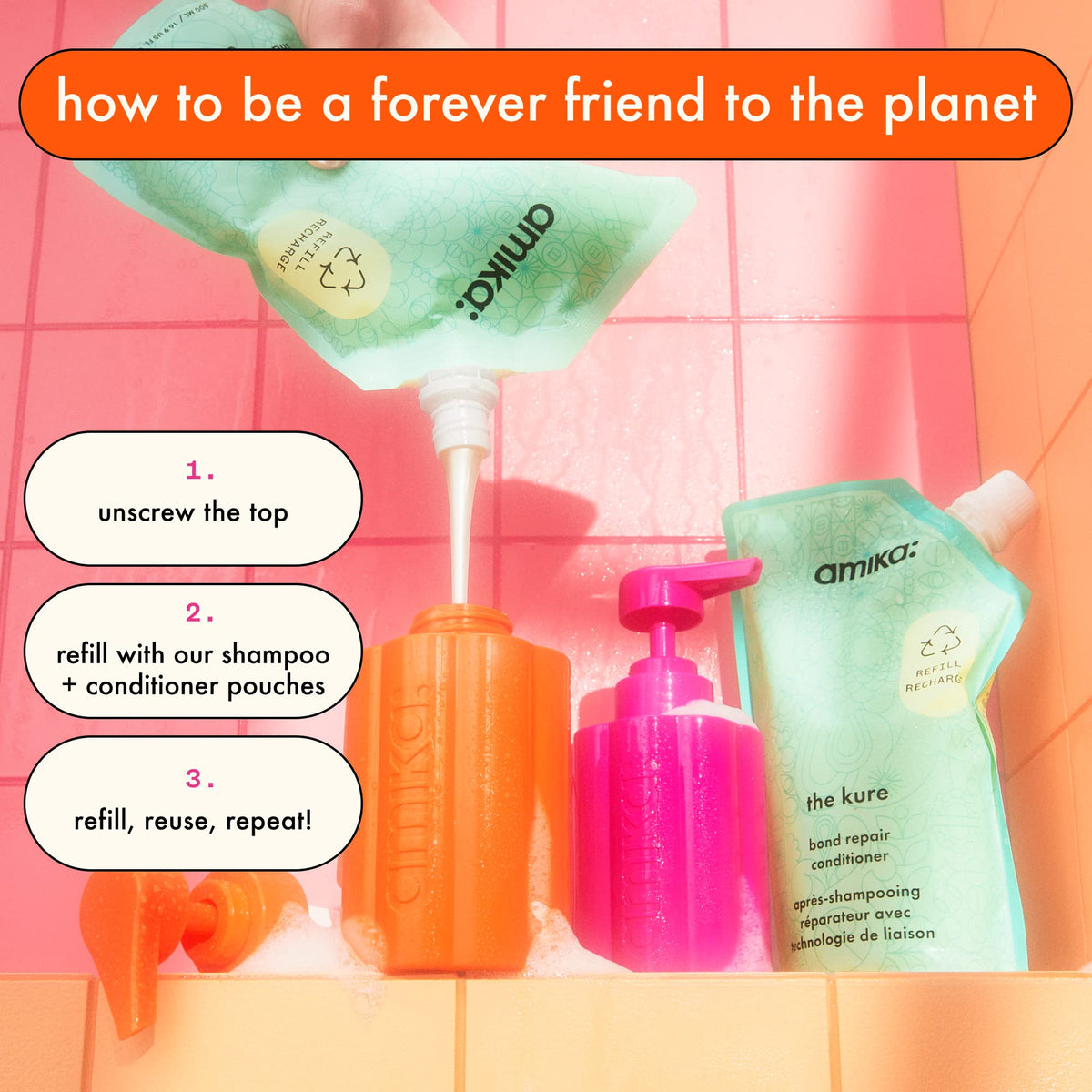 amika forever friend in shower lifestyle bottle on shelf near shampoo benefit: convenient everyday access