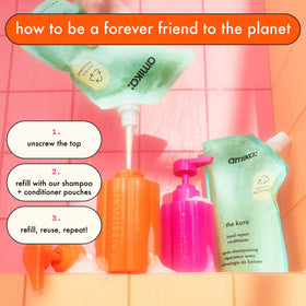 amika forever friend in shower lifestyle bottle on shelf near shampoo benefit: convenient everyday access