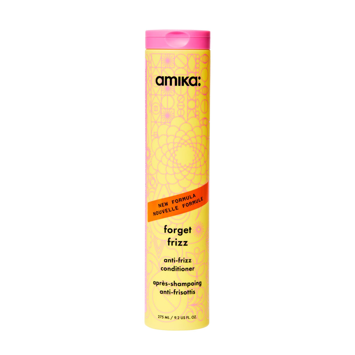 Amika front packaging of Forget Frizz conditioner showing brand and bottle benefit