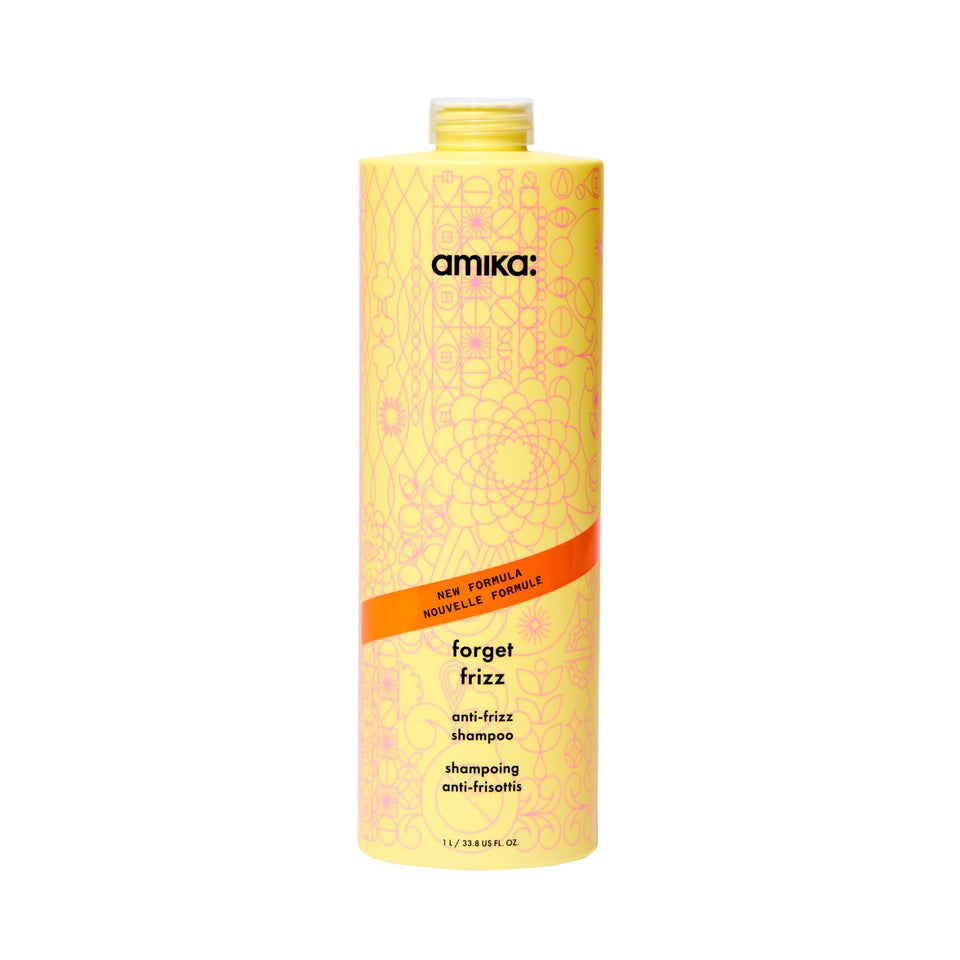 amika forget frizz shampoo front bottle shows label and benefits