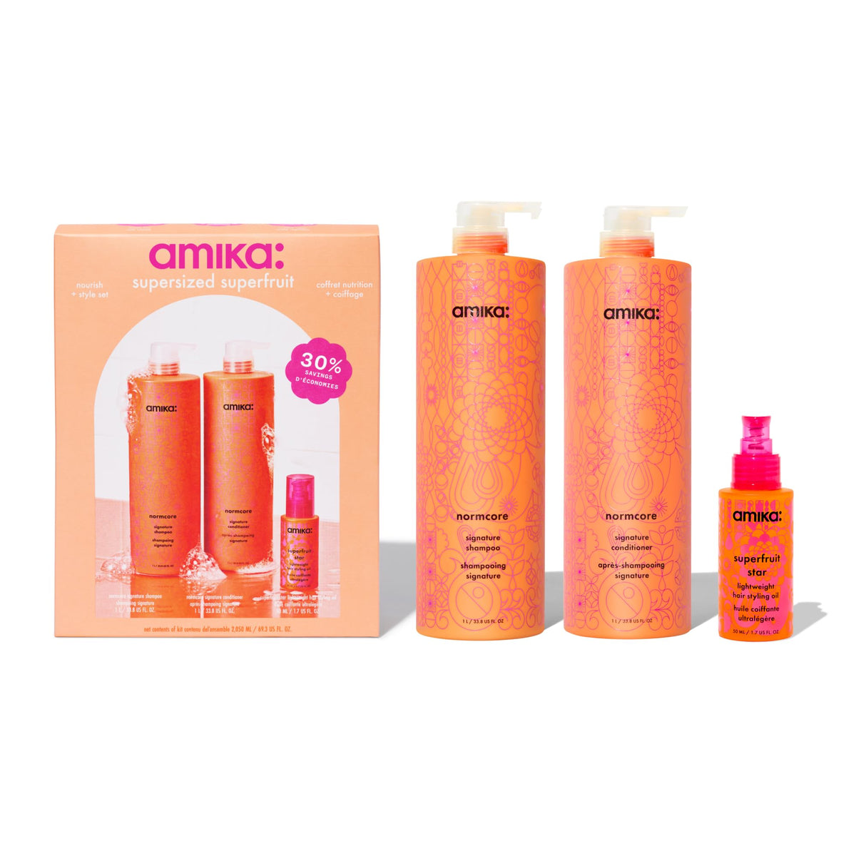 Amika front view of Normcore 1L shampoo and conditioner showing economy size and value