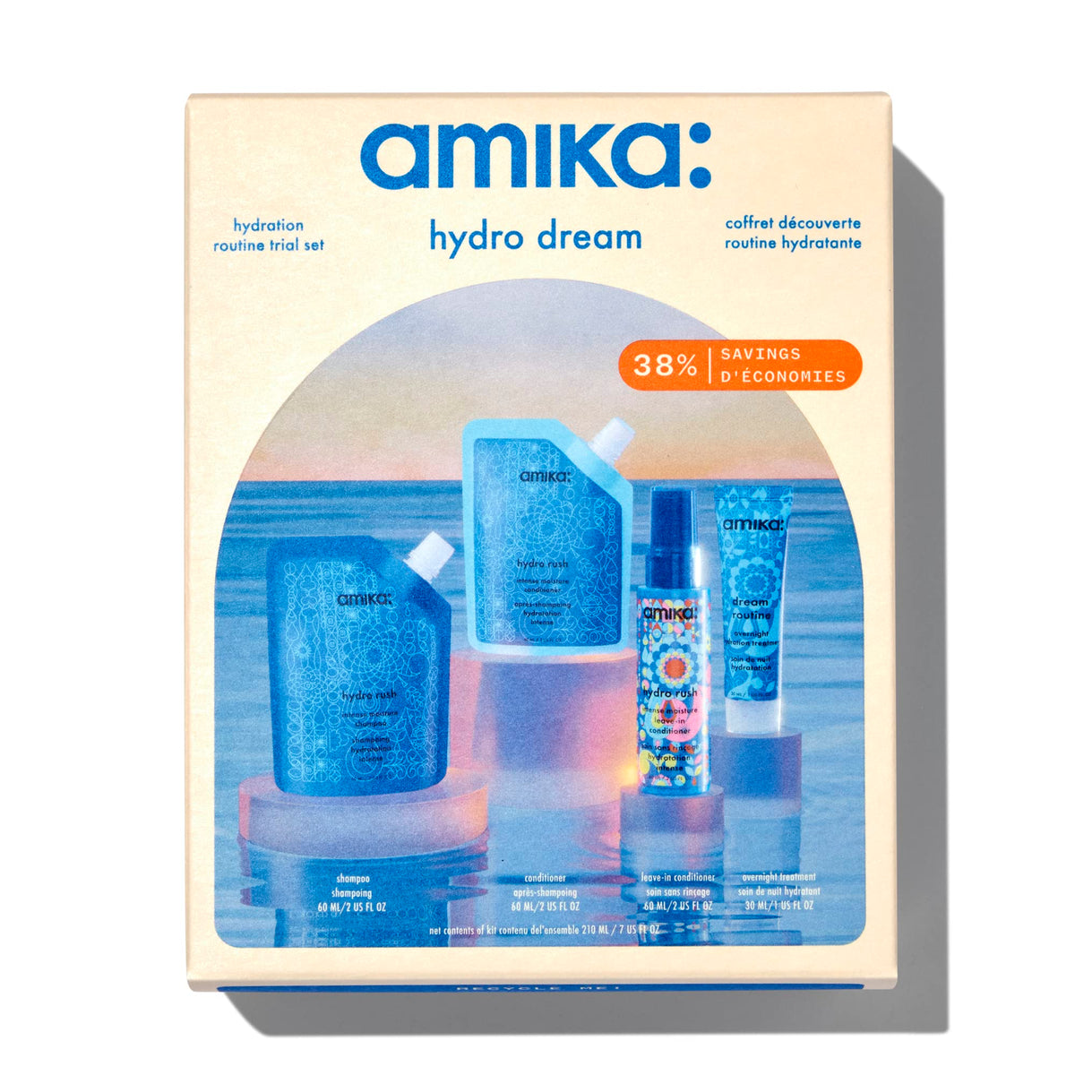 amika front packaging showing full trial kit and easy travel use