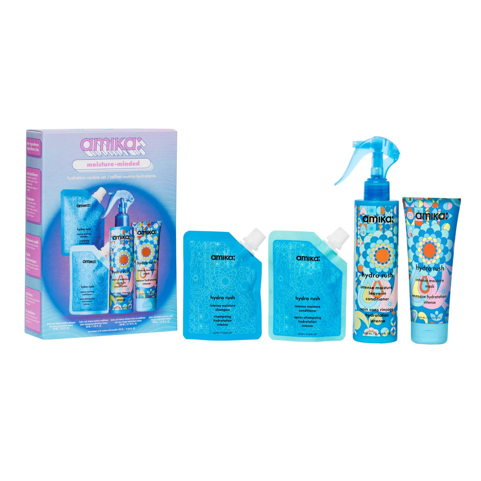 Amika front packaging of moisture-minded hydration set showing products and gift-ready box