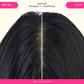 Amika before and after clarifying hair comparison showing restored volume benefit