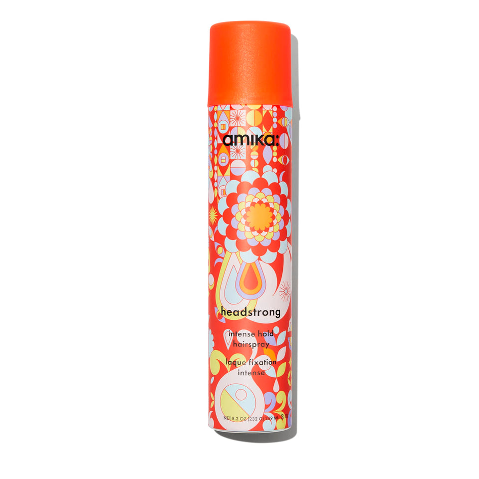 amika front canister shot showing product and branding, highlights strong hold