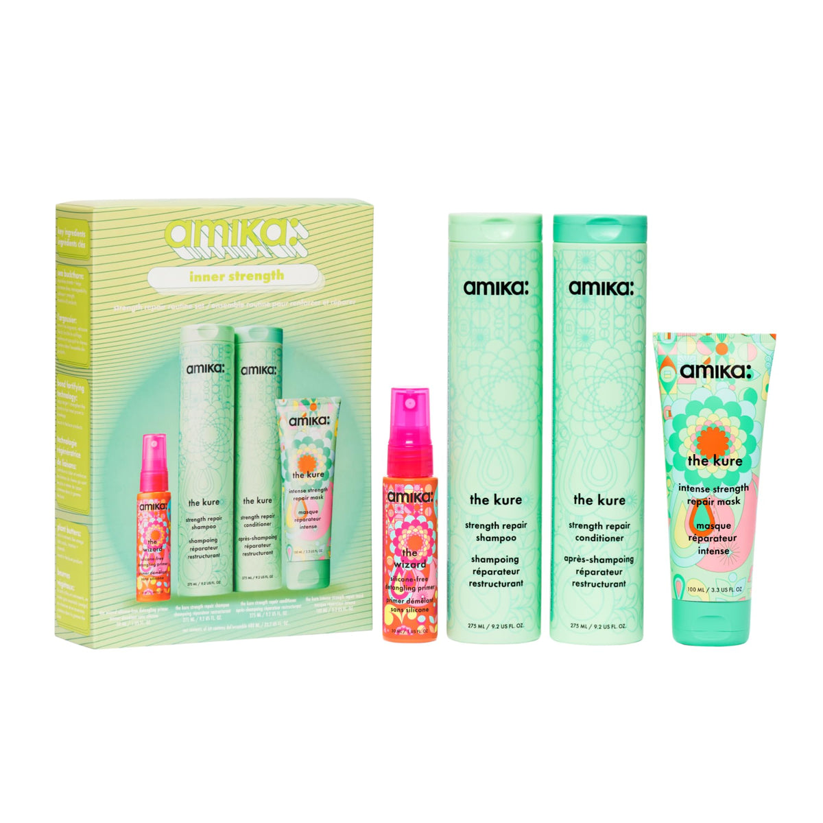 Amika inner strength set front packaging showing all four products and gift-ready presentation