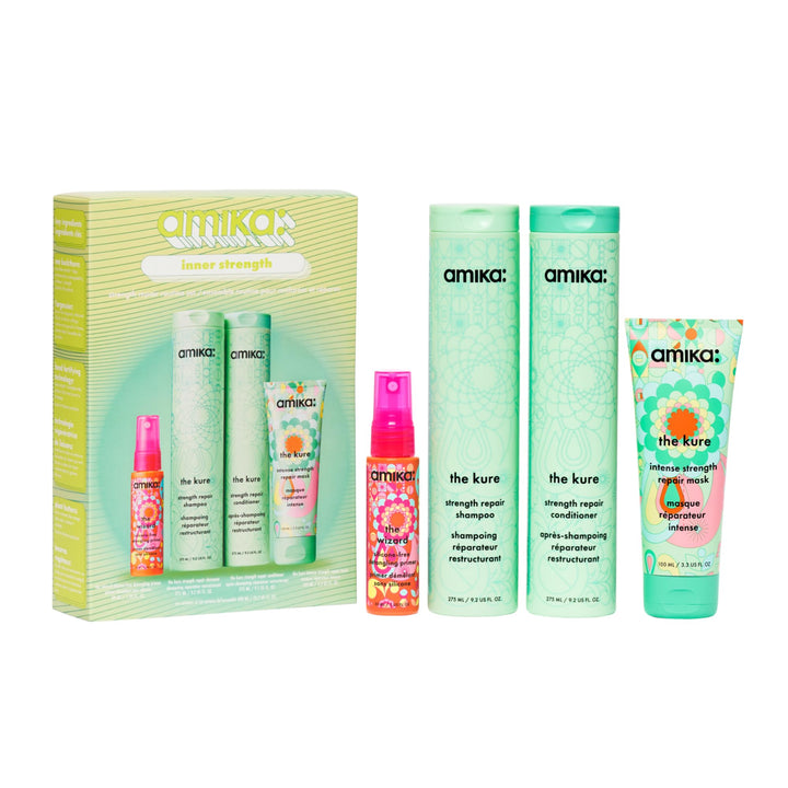 Amika inner strength set front packaging showing all four products and gift-ready presentation