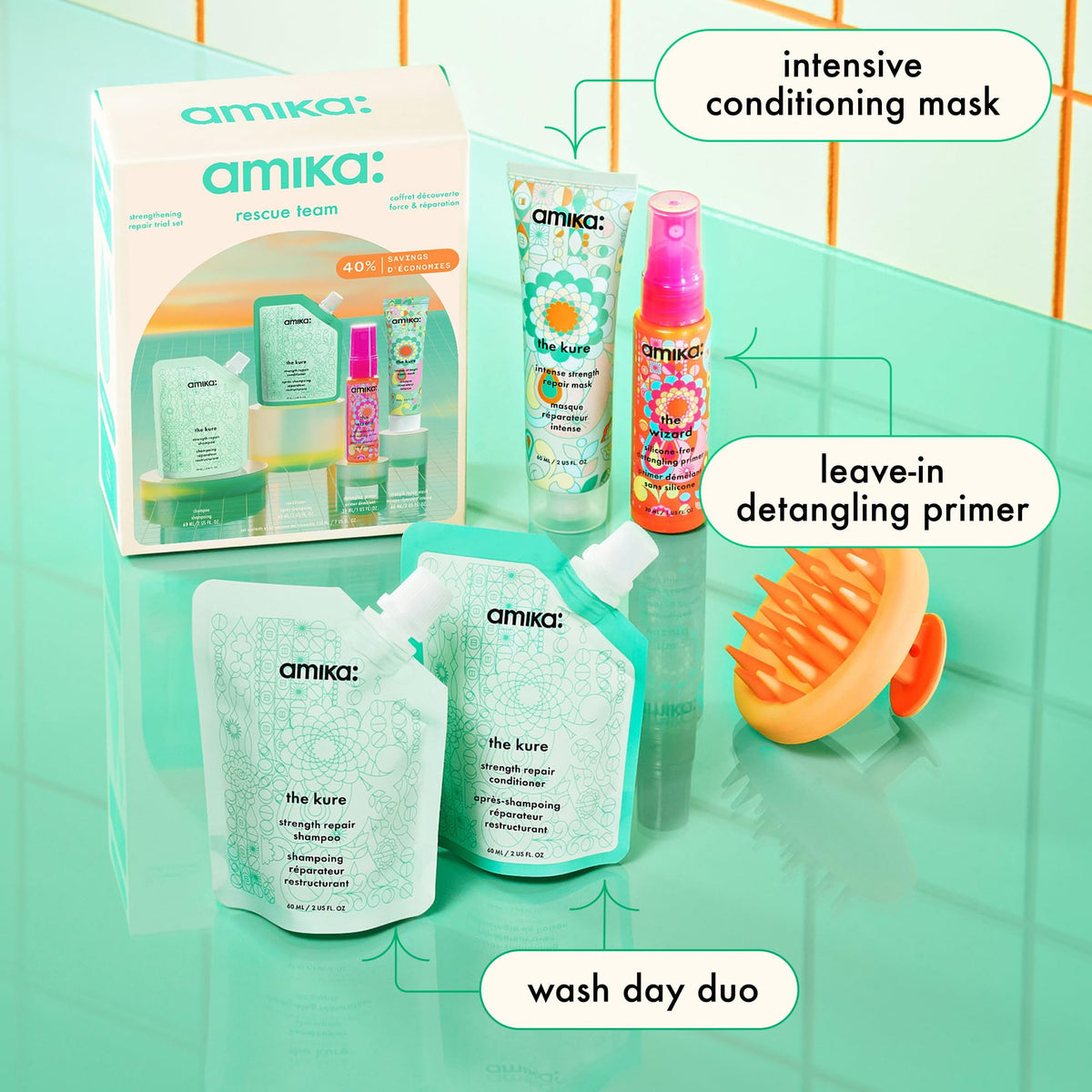 Amika close-up of Kure shampoo and conditioner pouches highlighting bond repair benefits