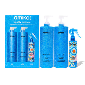 amika front packaging showing jumbo hydro rush bottles and leave-in for long-lasting hydration
