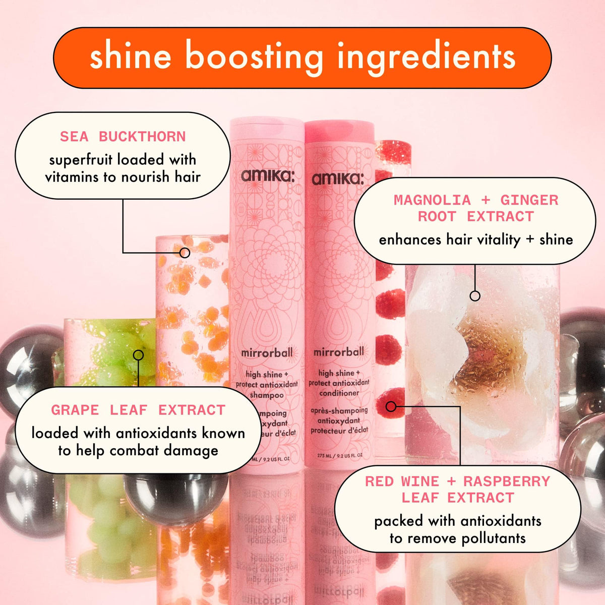 Amika Mirrorball before and after shine comparison showing brighter hair