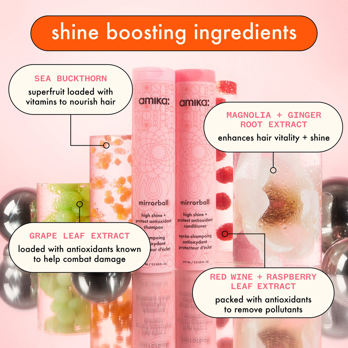 Amika Mirrorball being lathered in wet hair demonstrating pollution removal and shine boost