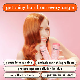 amika Mirrorball pump and label close-up highlighting ingredients and easy dispensing benefit