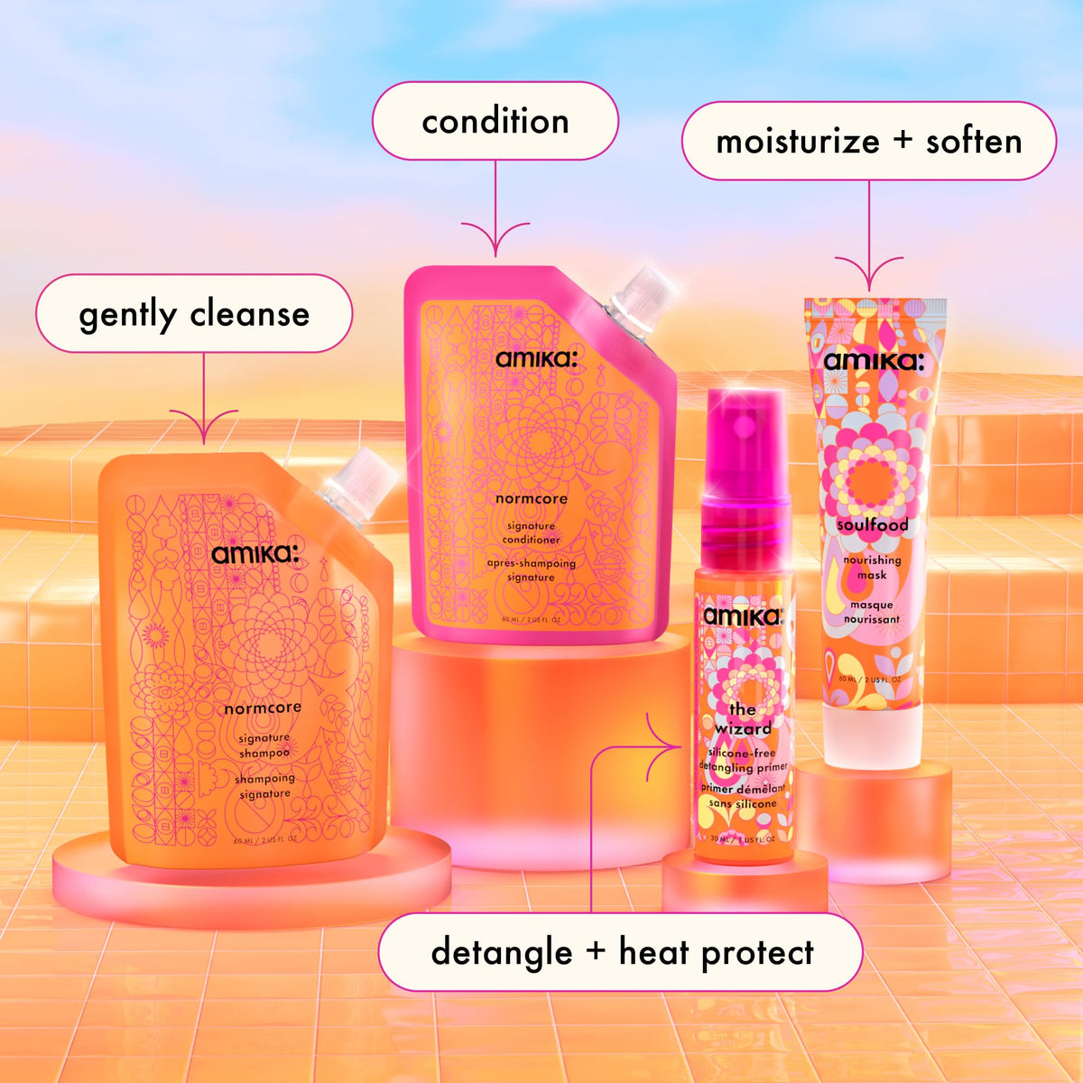 Amika shampoo texture close-up illustrating gentle cleansing and shine
