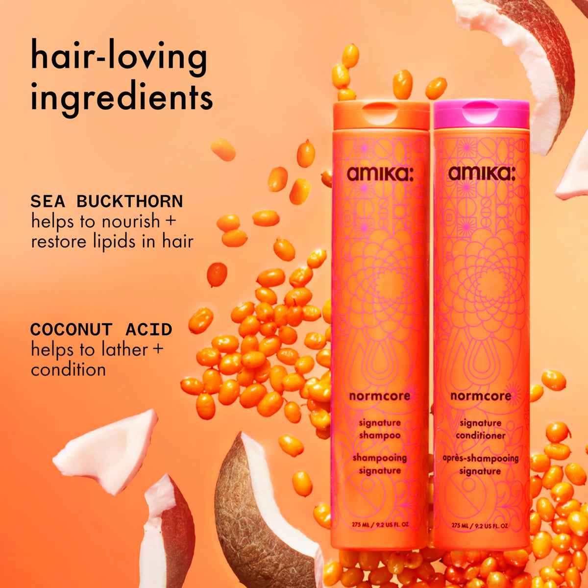 amika shampoo cap and pump detail highlighting easy-dispense benefit