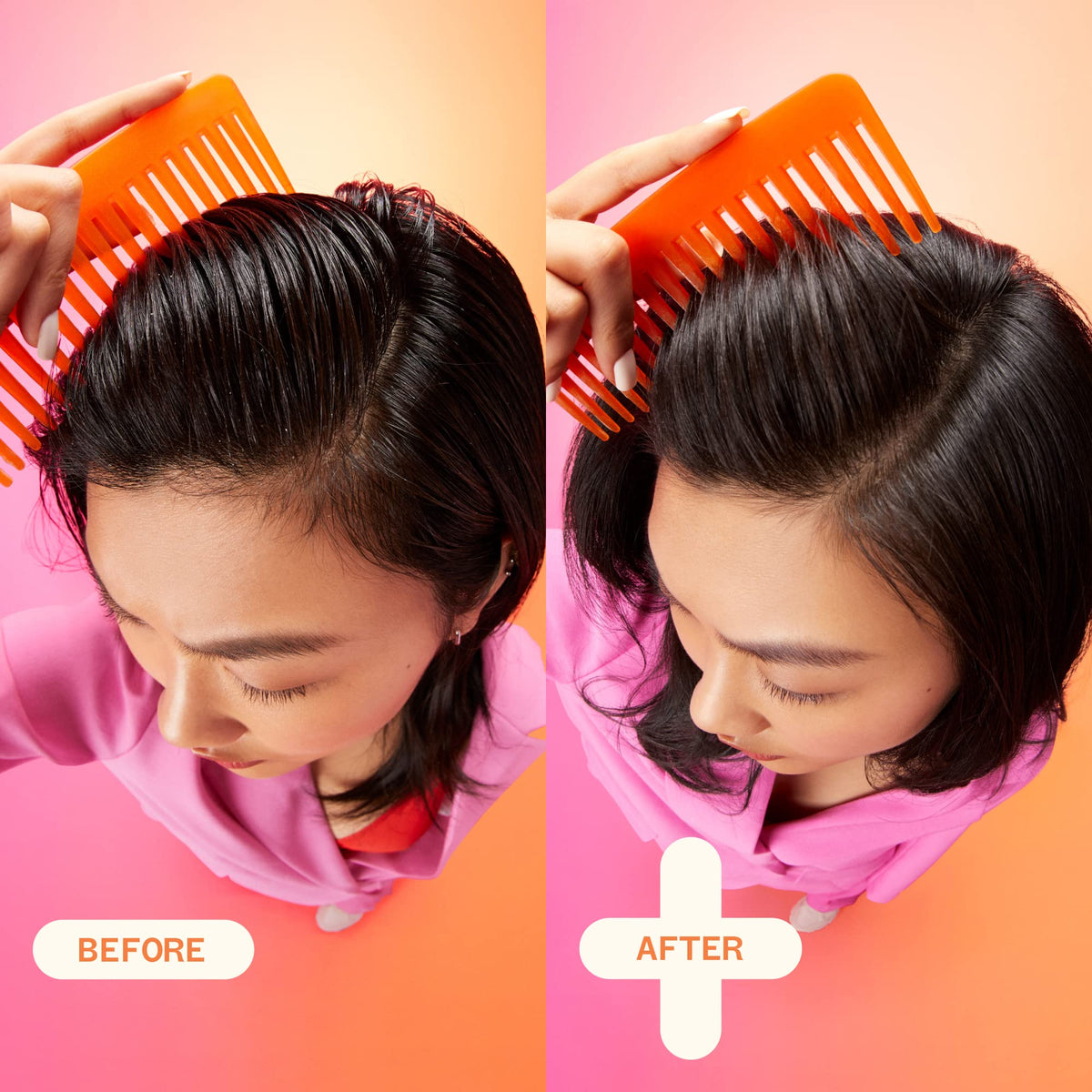 Amika Perk Up Plus before and after roots showing cleaner-looking hair