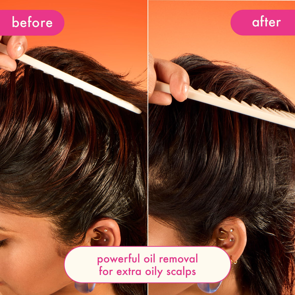 Amika before and after roots showing reduced greasiness and refreshed look