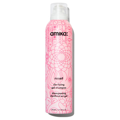 Amika reset shampoo front packaging showing bottle and branding for clear benefits