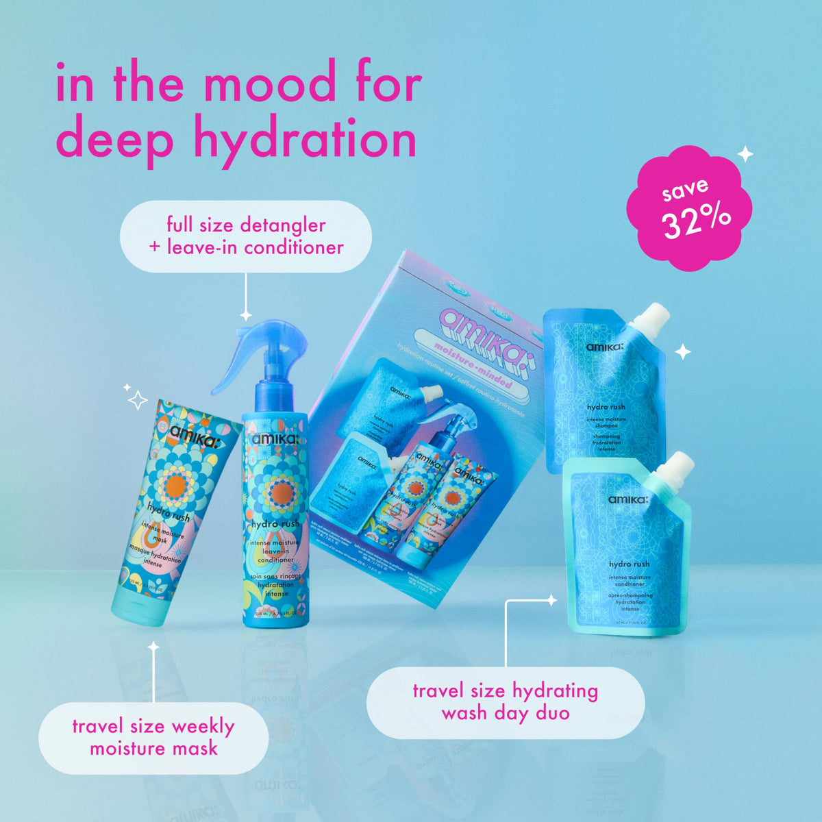 Amika hydro rush shampoo texture on hand displaying gentle lather and hydration benefit