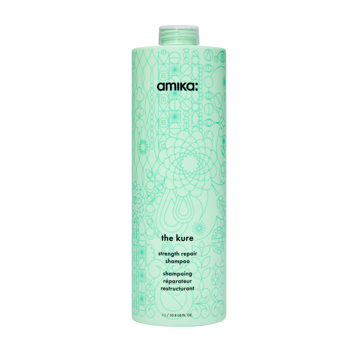Amika front bottle 1000ml showing professional size and brand benefit