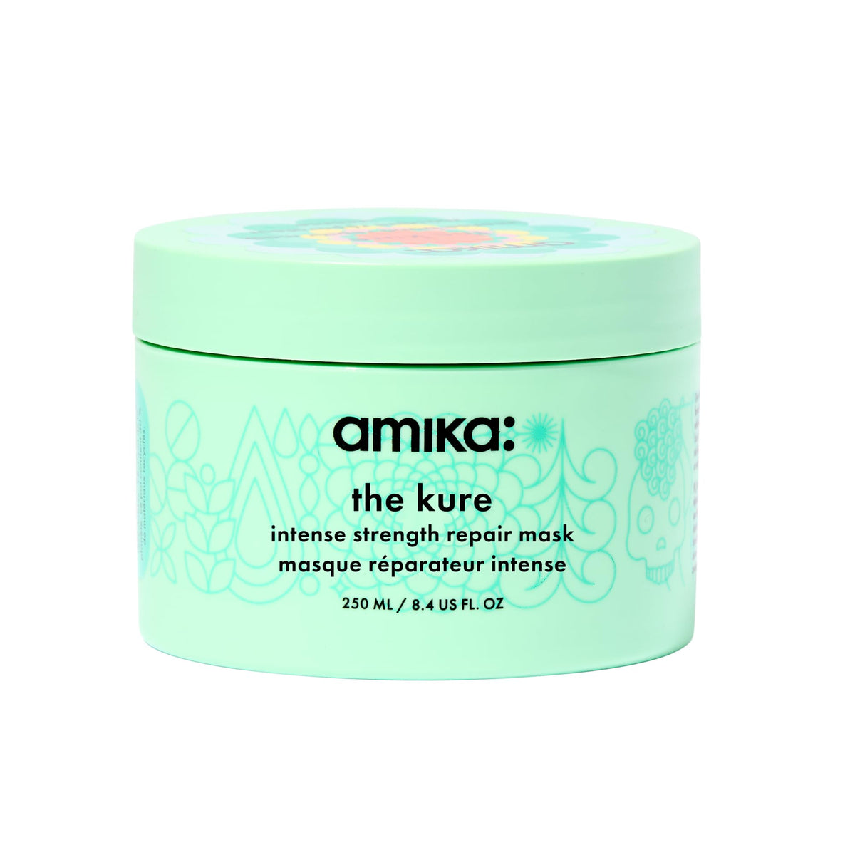 Amika the kure front packaging showing jar and cap, clear product identity and benefit