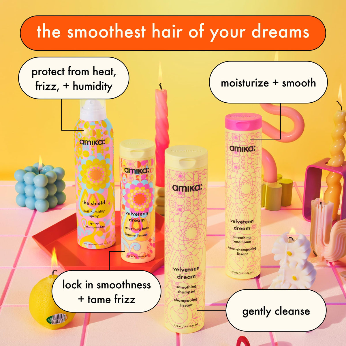 styled hair using amika velveteen showing smooth, shiny finish and humidity resistance