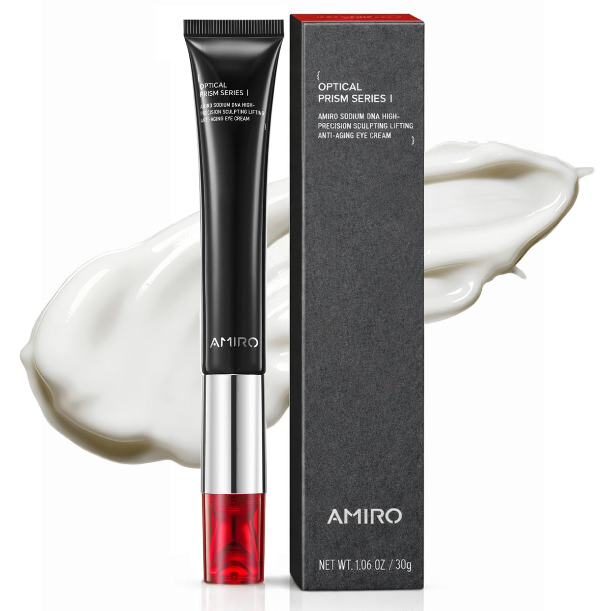 AMIRO front packaging showing compact 1.06 oz tube and applicator, benefits convenience