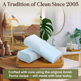 Amish Farms bars arranged in a bathroom setting showing guest-ready presentation