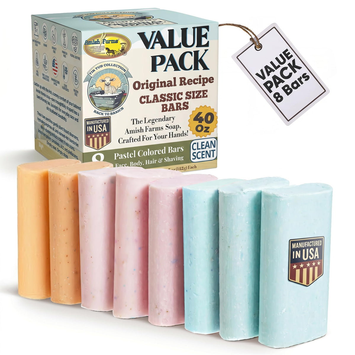 Amish Farms front packaging showing eight bars and value pack convenience