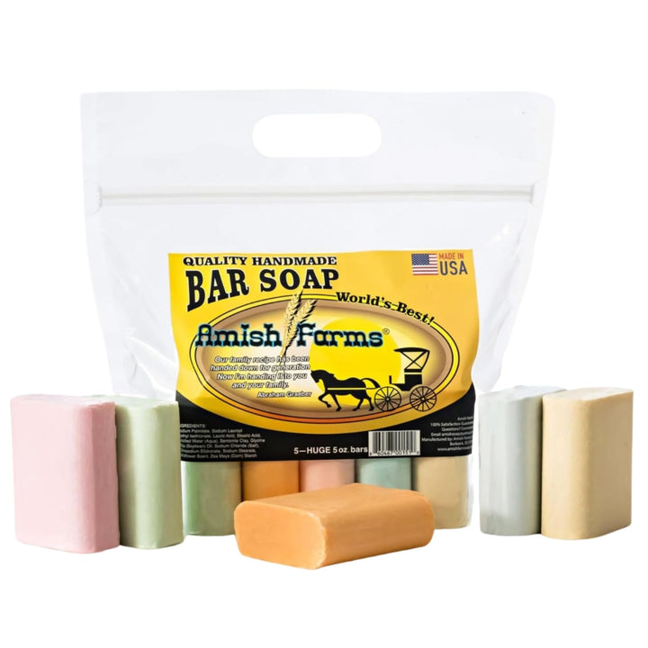 Amish Farms front packaging showing five large bars and value bag