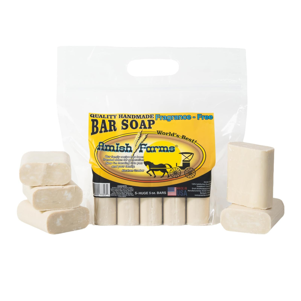 Amish Farms front packaging showing five bars and product benefits