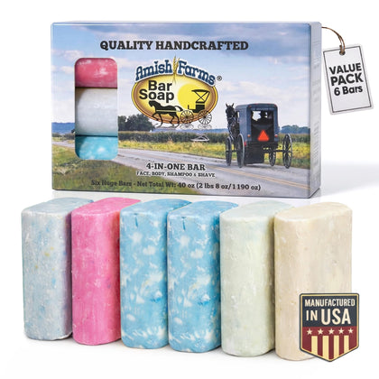 Amish Farms front packaging showing six colorful bars and product benefits
