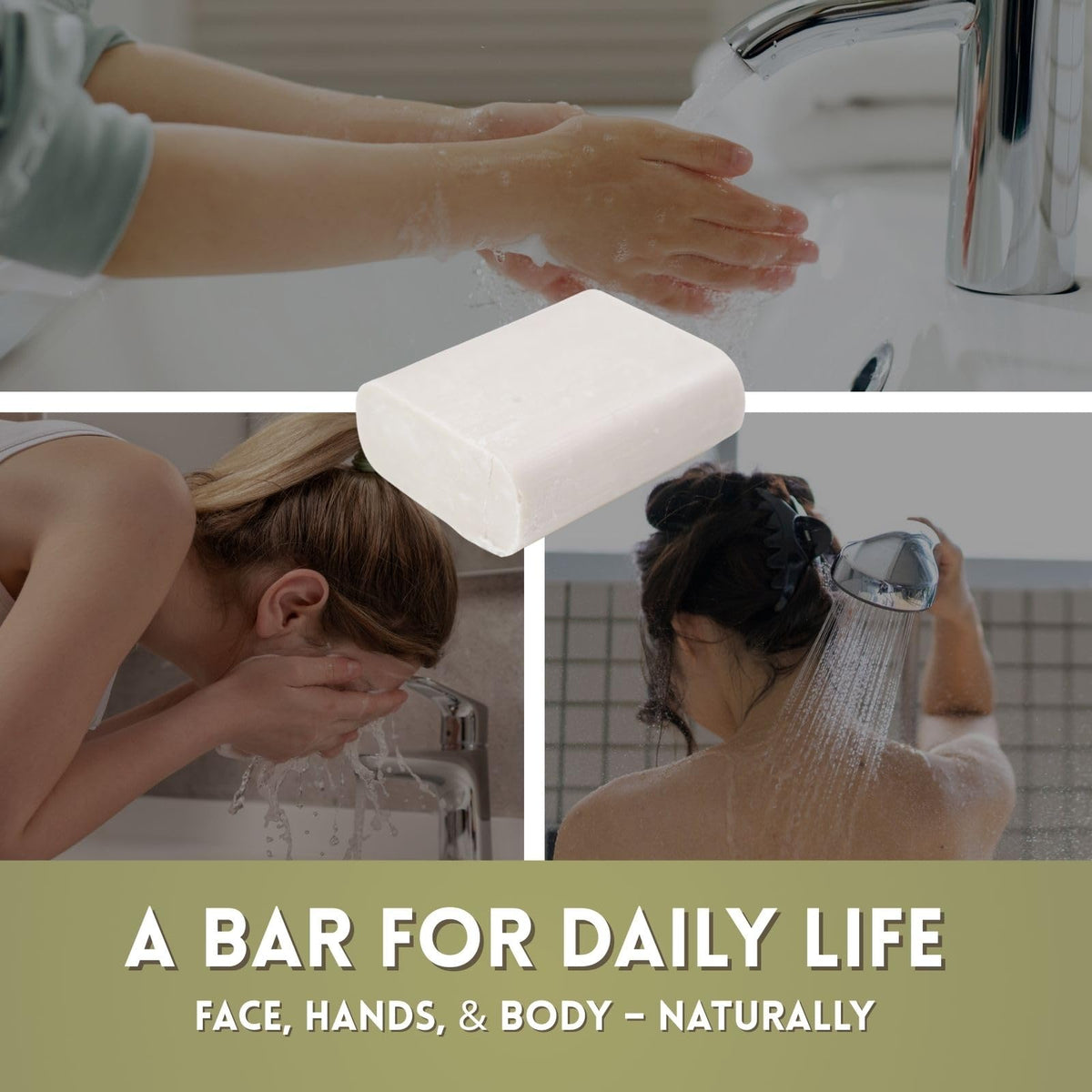 Amish Farms bar in a shower scene showing versatile head‑to‑toe use
