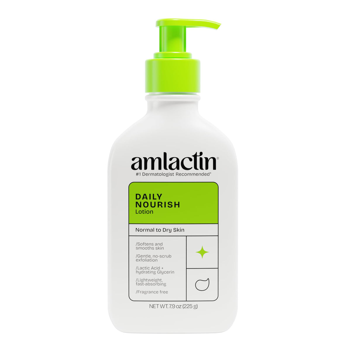 AmLactin front pump bottle showing brand and convenient dispenser benefit