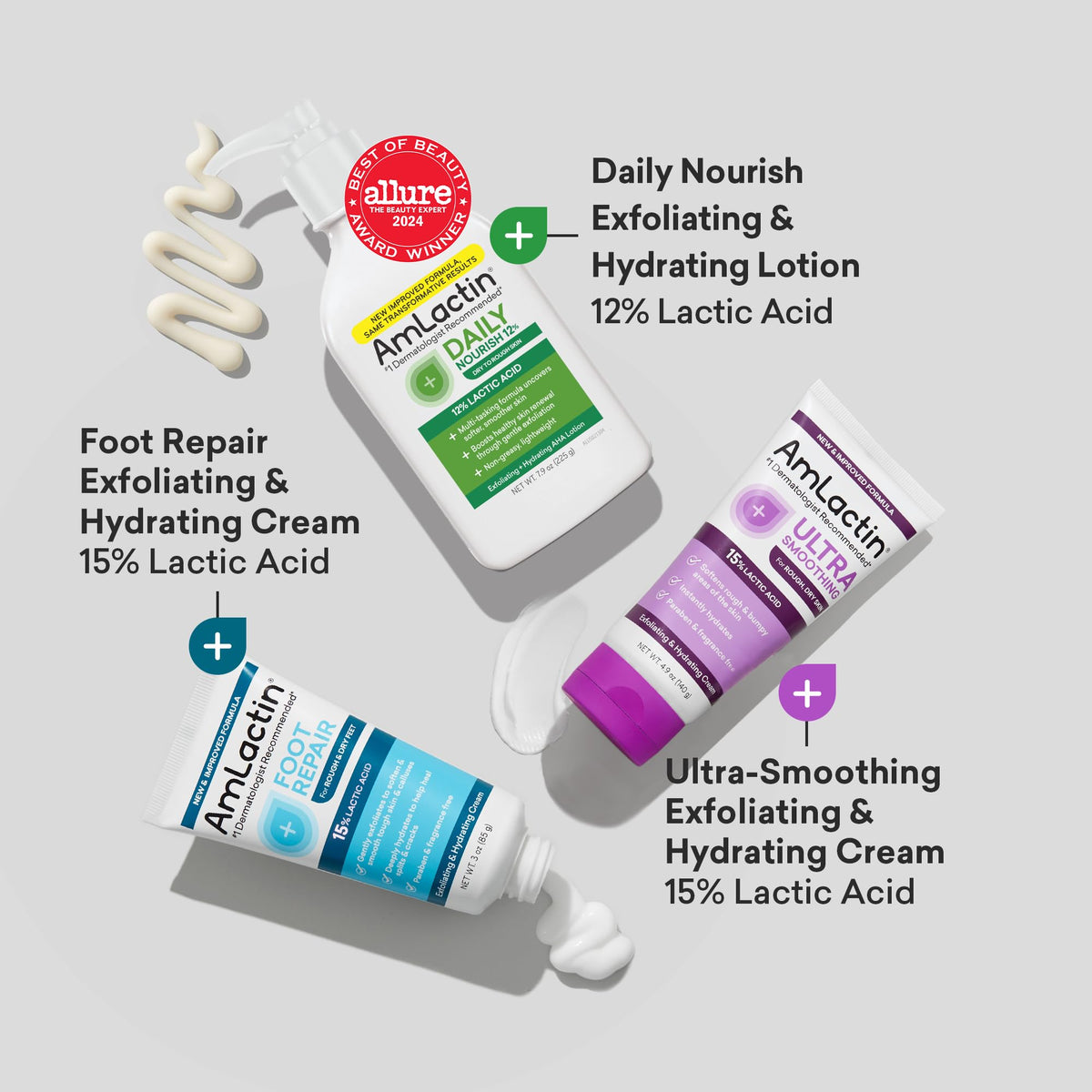 AmLactin Daily Nourish lotion closeup highlighting 12% lactic acid for all-over hydration