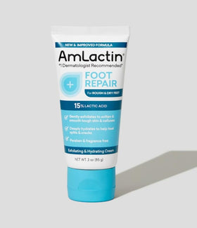 Applying AmLactin to heels by hand to soften and hydrate dry skin